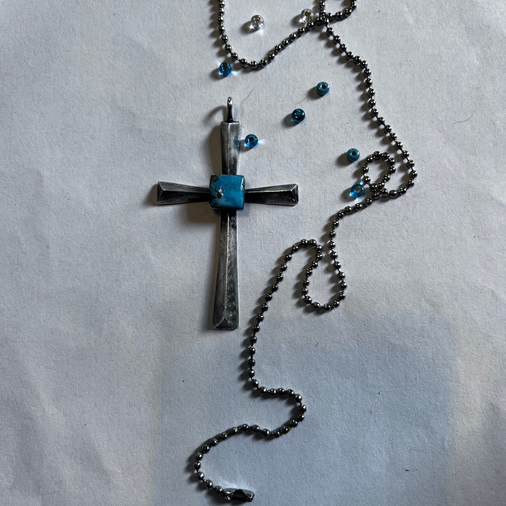 Silver Cross Necklace with Turquoise stone.